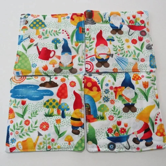 Fabric Coasters, Set Of 4, Reversible Gnomes and Blue Gingham - Picture 2 of 5